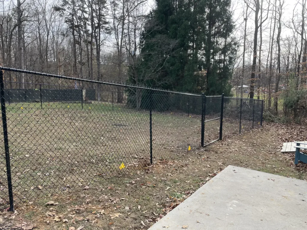 Black vinyl-coated chain-link fence and gate around a wooded backyard