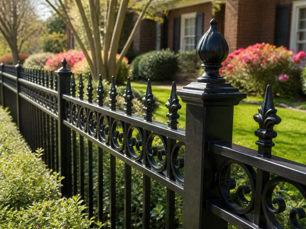 Ornamental black wrought iron fence with finial post caps