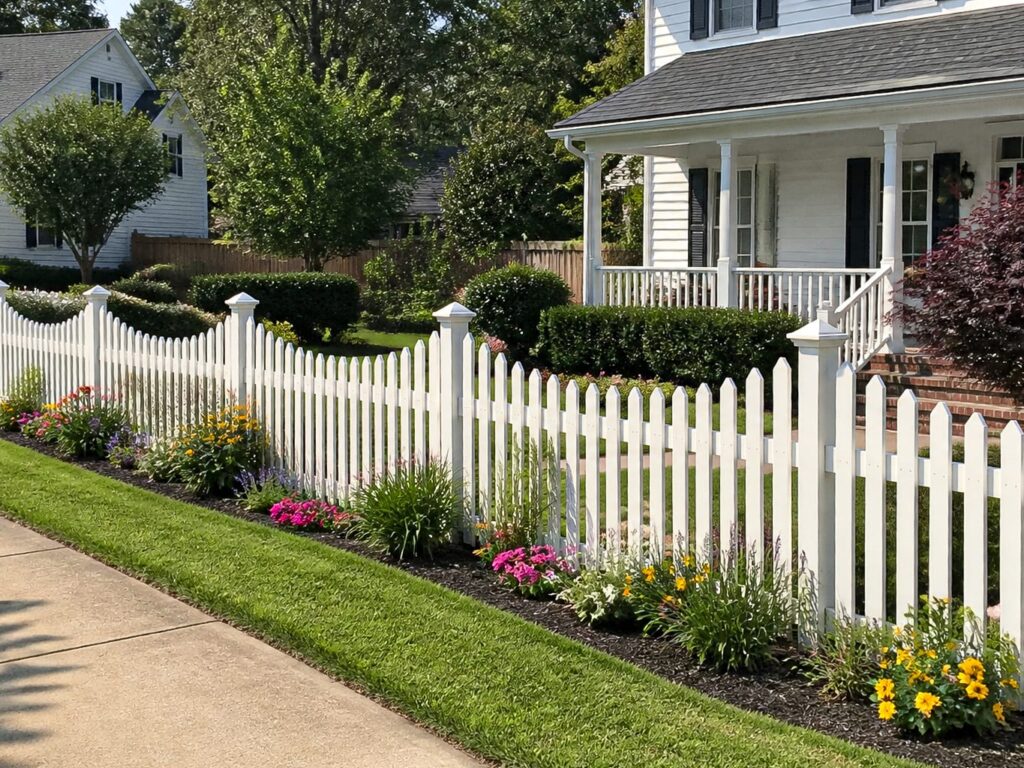 White arched picket fence along a landscaped front yard