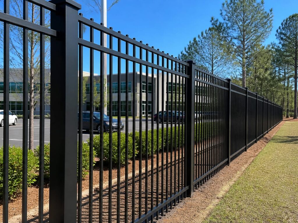 Black steel commercial fence securing the perimeter of a business property