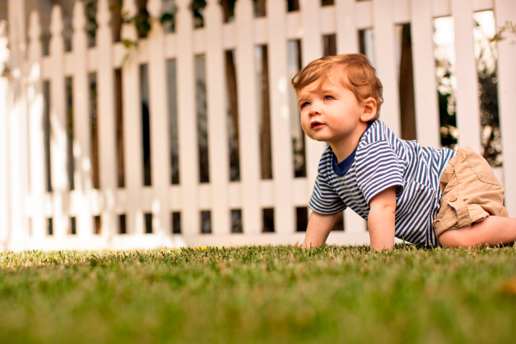 Toddler crawling on the grass beside a white picket fence