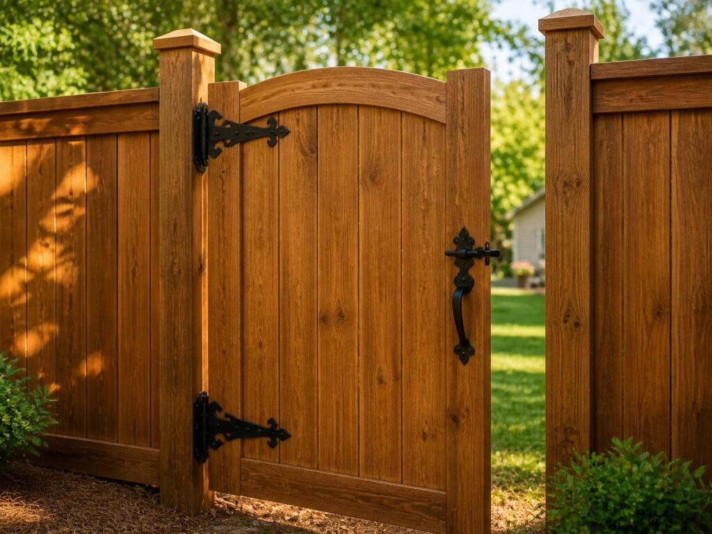 Arched cedar gate hung on heavy-duty black strap hinges
