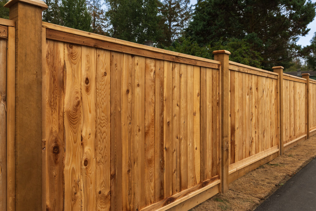 Cedar privacy fence with a cap rail and trim running along a property line